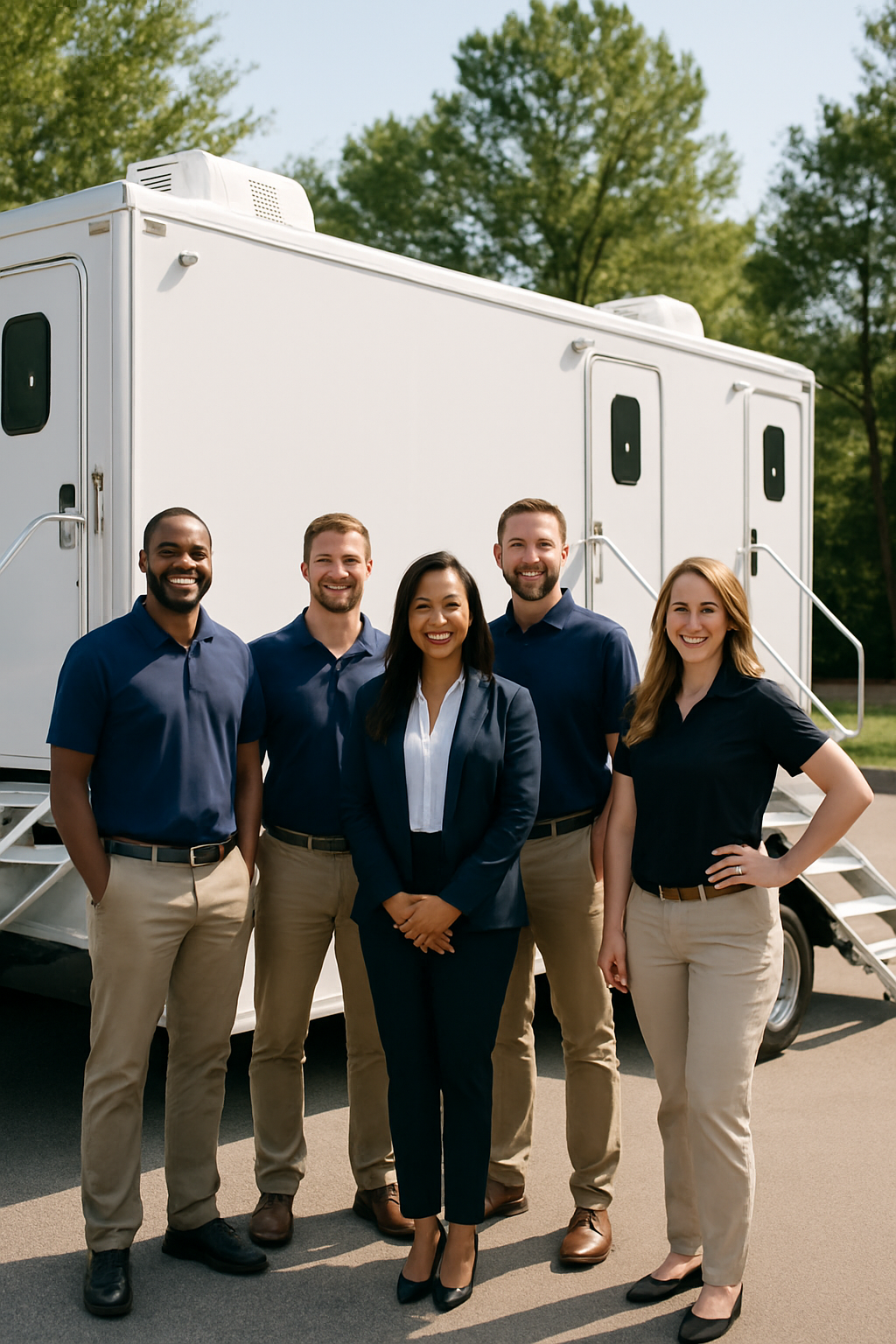 Luxury Porta Johns portable toilet rental team serving Greensboro and the Piedmont Triad